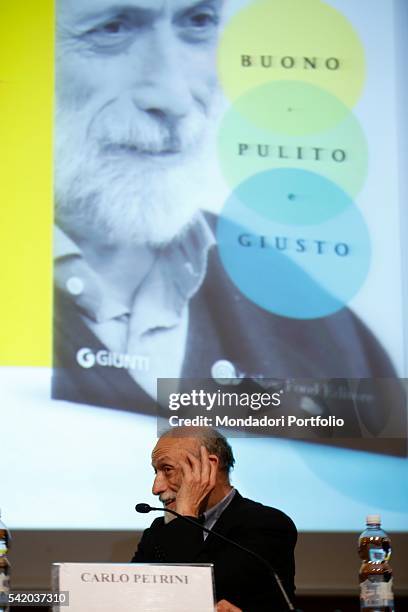 Carlo Petrini, writer and Slow Food founder, during his speech at the XXIX International Book Fair in Turin. Lingotto Fiere, May 13, 2016