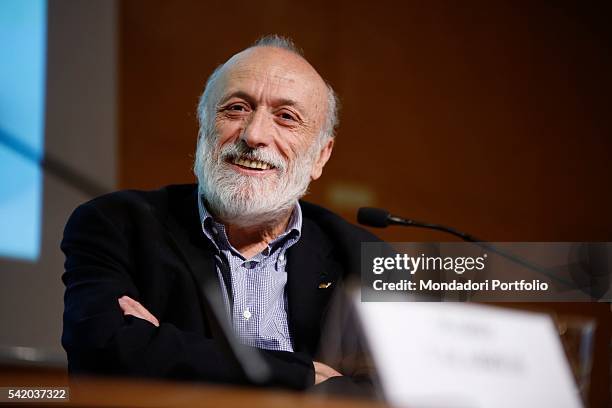 Carlo Petrini, writer and Slow Food founder, during his speech at the XXIX International Book Fair in Turin. Lingotto Fiere, May 13, 2016