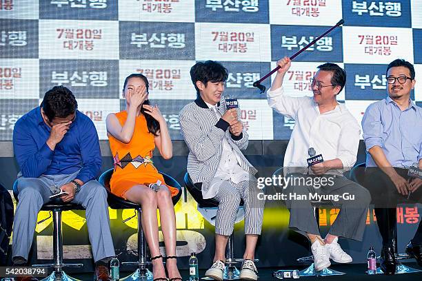 Actors Ahn So-Hee, Choi Woo-Shik and Kim Eui-Sung attend the press conference for "Train To Busan" at Nine Tree on June 21, 2016 in Seoul, South...