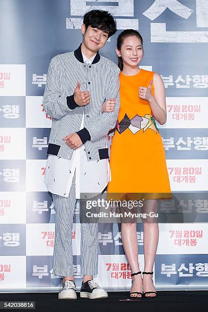 Actors Choi Woo-Shik and Ahn So-Hee attend the press conference for "Train To Busan" at Nine Tree on June 21, 2016 in Seoul, South Korea. The film...