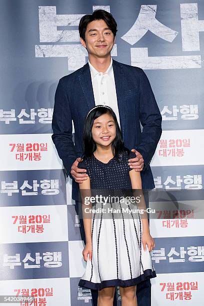 Actors Gong Yoo and Kim Su-An attend the press conference for "Train To Busan" at Nine Tree on June 21, 2016 in Seoul, South Korea. The film will on...
