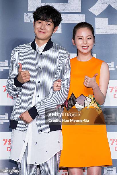 Actors Choi Woo-Shik and Ahn So-Hee attend the press conference for "Train To Busan" at Nine Tree on June 21, 2016 in Seoul, South Korea. The film...