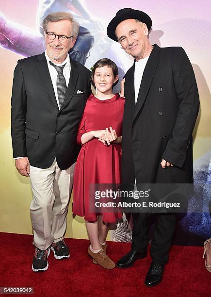 Director Steven Spielberg, actors Ruby Barnhill and Mark Rylance arrive on the red carpet for the US premiere of Disney's "The BFG," directed and...