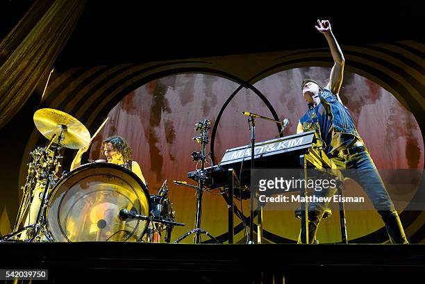 Kim Schifino and Matt Johnson of the band Matt & Kim perform live on stage for the "Delirium World Tour" at Madison Square Garden on June 21, 2016 in...