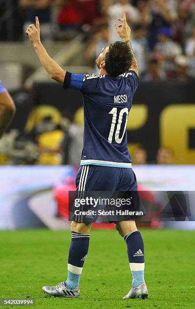 Lionel Messi of Argentina reacts after scoring a goal on a free kick in the first half against the United States during a 2016 Copa America...