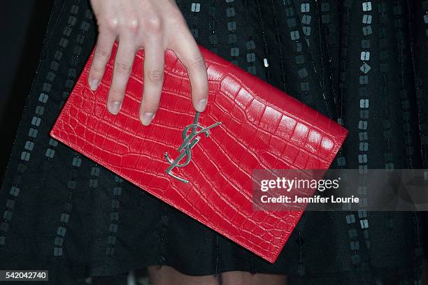 Actress Sofia Mattsson, purse detail, arrives at the Premiere of STX Entertainment's "Free State Of Jones" at the DGA Theater on June 21, 2016 in Los...