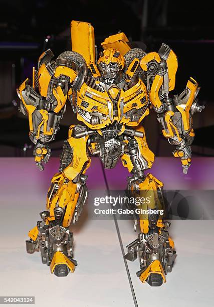 Statue of the character Bumblebee from the "Transformers" movie franchise is displayed in the Hasbro booth at the Licensing Expo 2016 at the Mandalay...