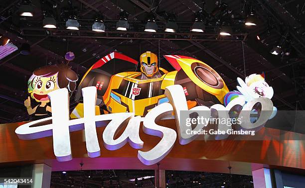 Hasbro sign hangs above the Hasbro booth at the Licensing Expo 2016 at the Mandalay Bay Convention Center on June 21, 2016 in Las Vegas, Nevada.
