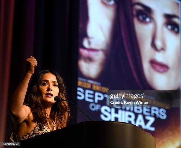 Executive producer/actress Salma Hayek speaks onstage at the premiere of Momentum Pictures' "September Of Shiraz" at the Museum of Tolerance on June...
