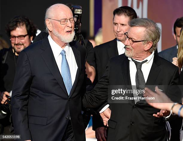 Composer John Williams and director/producer Steven Spielberg attend at Premiere of Disney's "The BFG" at the El Capitan Theatre on June 21, 2016 in...