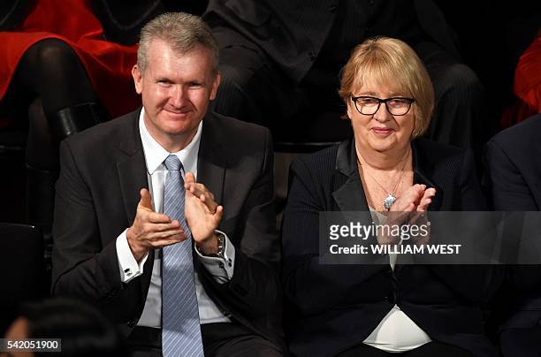This photo taken on June 19, 2016 shows Tony Bourke , shadow minister for finance and Jenny Macklin , shadow minister for families and payments, at...