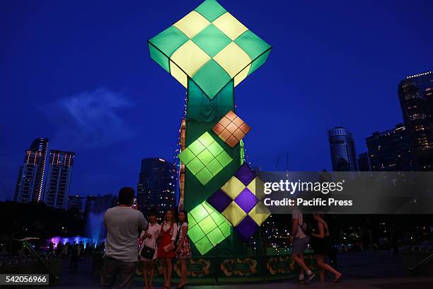 Huge Ketupat Raya was decorated in front of the Petronas Twin Towers in Kuala Lumpur, Malaysia for the Hari Raya Aidilfitri or Eid al-Fitr...