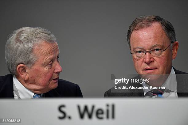 Wolfgang Porsche and Stephan Weil arrive for the annual Volkswagen general shareholders meeting on June 22, 2016 in Hanover, Germany. The meeting is...