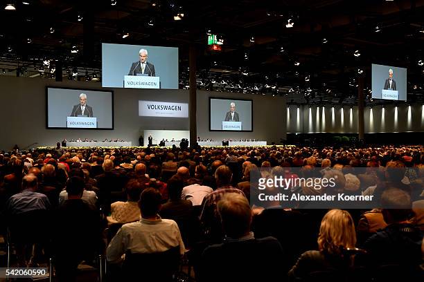Matthias Mueller, head of German automaker Volkswagen AG, speaks on stage during the annual Volkswagen general shareholders meeting on June 22, 2016...