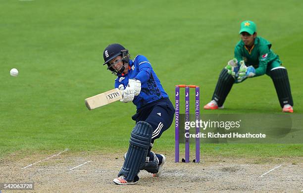 Tammy Beaumont of England hits a boundary during the second Women's Royal London ODI match between England and Pakistan at New Road on June 22, 2016...