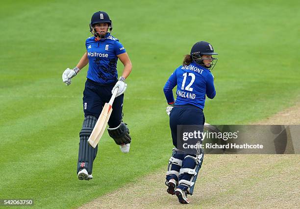 Tammy Beaumont and Lauren Winfield in action of England during the second Women's Royal London ODI match between England and Pakistan at New Road on...