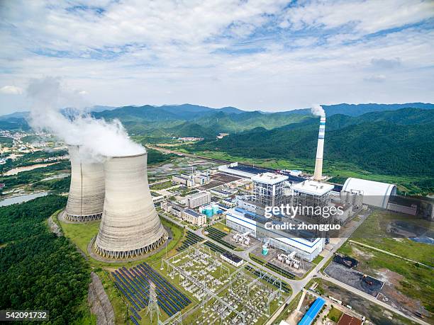 aerial view of a coal fired power station - anthracite coal stock pictures, royalty-free photos & images