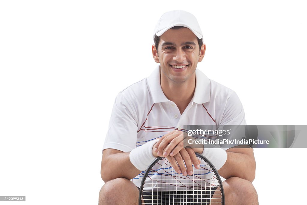Man Using Tennis Racket Portrait Of Young Man With Tennis Racket Isolated Over White Background ...