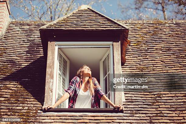 young woman enjoying the sunrise - open house stockfoto's en -beelden