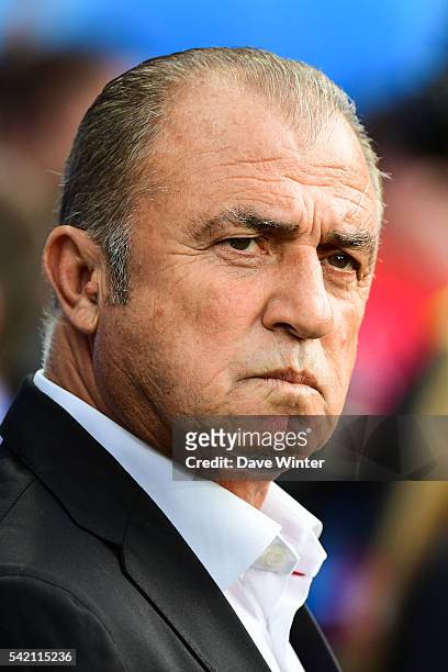 Turkey coach Fatih Terim during the UEFA EURO 2016 Group D match between Czech Republic and Turkey at Stade Bollaert-Delelis on June 21, 2016 in...