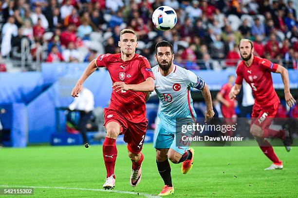 Pavel Kaderabek of the Czech Republic and Arda Turan of Turkey during the UEFA EURO 2016 Group D match between Czech Republic and Turkey at Stade...