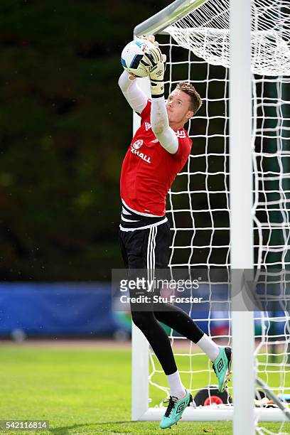 Wales goalkeeper Wayne Hennessey in action during Wales training at their Euro 2016 base camp on June 22, 2016 in Dinard, France.