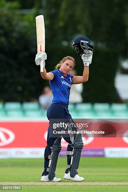 Lauren Winfield of England celebrates reaching her century during the second Women's Royal London ODI match between England and Pakistan at New Road...