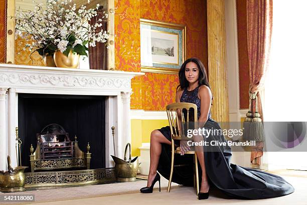 Tennis player Heather Watson is photographed at Stoke Park Country Club on April 19, 2016 in Maidenhead, England. Dress- Caroline Castigliano, Shoes-...