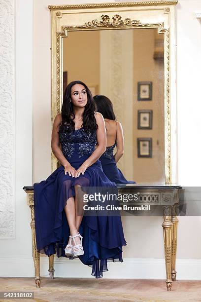 Tennis player Heather Watson is photographed at Stoke Park Country Club on April 19, 2016 in Maidenhead, England. Dress- Caroline Castiglian, Shoes-...