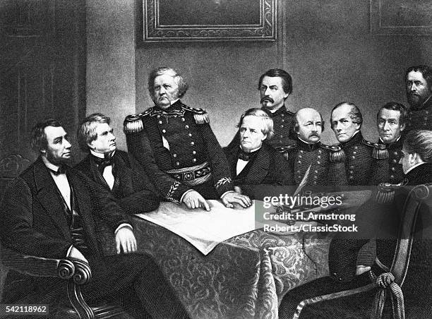 1860s 1861 PRESIDENT ABRAHAM LINCOLN AND HIS FIRST COUNCIL OF WAR OFFICERS AND CABINET