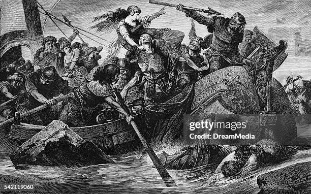 900s 1000s VIKING SHIP AT BATTLE NORSE RAID ON ENGLISH COASTLINE DURING REIGN OF KING OLAF