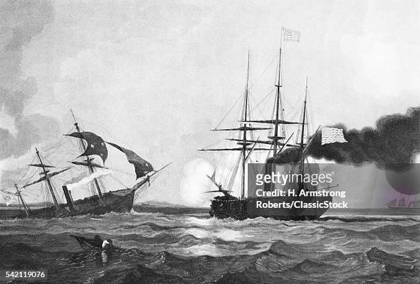 1860s JUNE 19 1864 CSS ALABAMA SINKING AFTER DEFEAT BY UNION SHIP THE USS KEARSARGE SURVIVOR IN FOREGROUND CHERBOURG FRANCE
