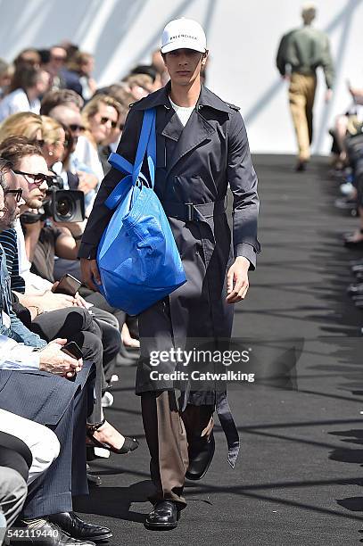 Model walks the runway at the Balenciaga Spring Summer 2017 fashion show during Paris Menswear Fashion Week on June 22, 2016 in Paris, France.