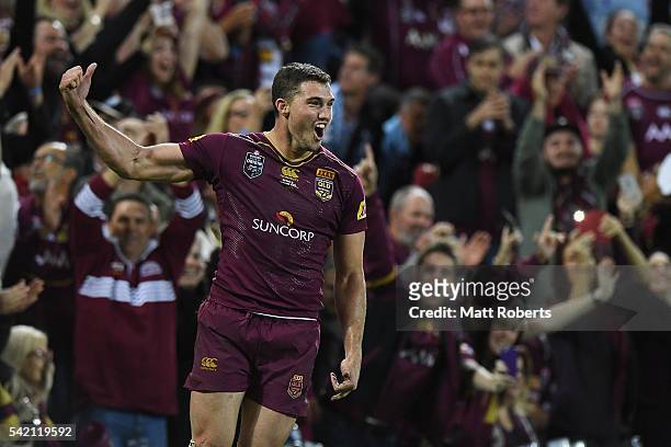 Corey Oates of the Maroons celebrates during game two of the State Of Origin series between the Queensland Maroons and the New South Wales Blues at...