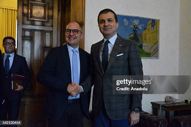 Turkey's EU Minister Omer Celik meets Italy's Chairperson of the Chamber EU Policies Committee, Michele Bordo at the Palazzo Giustinian in Rome,...