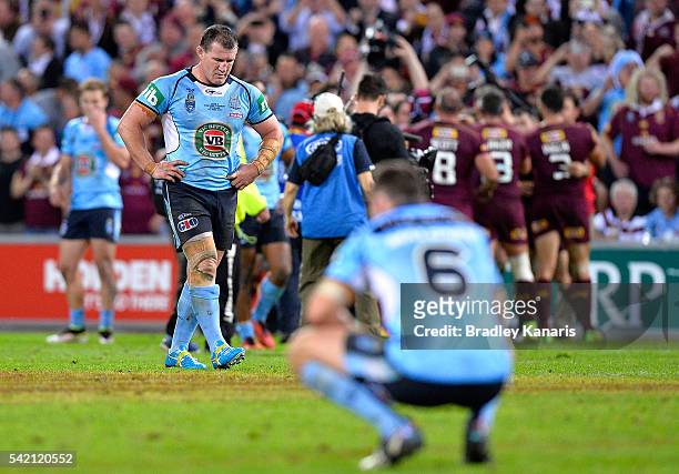 Paul Gallen of the Blues is dejected after his team loses the Origin series after game two of the State Of Origin series between the Queensland...