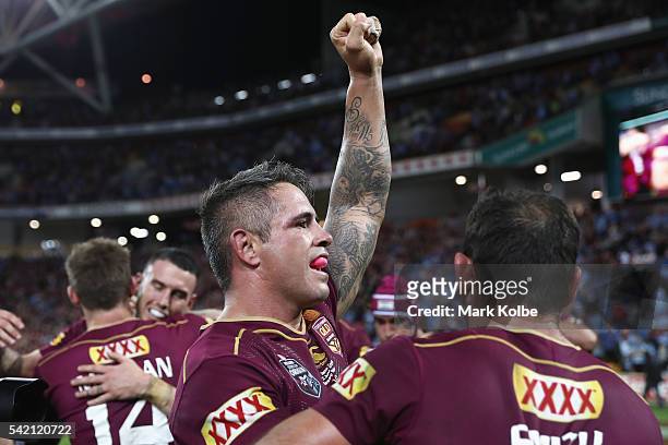 Corey Parker of the Maroons celebrates victory during game two of the State Of Origin series between the Queensland Maroons and the New South Wales...
