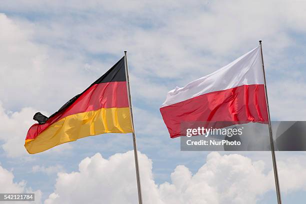 The German and Polish flags are pictured prior to a meeting between German Chancellor Angela Merkel and Polish Prime Minister Beata Szydlo at the...