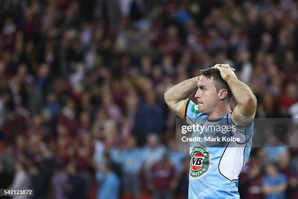 James Maloney of the Blues looks dejected after defeat during game two of the State Of Origin series between the Queensland Maroons and the New South...