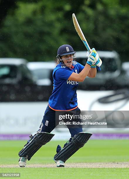 Natalie Sciver of England hits a boundary during the second Women's Royal London ODI match between England and Pakistan at New Road on June 22, 2016...