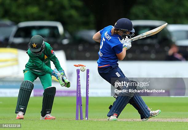 Heather Knight of England is bowled out by Asmavia Iqbal of Pakistan during the second Women's Royal London ODI match between England and Pakistan at...