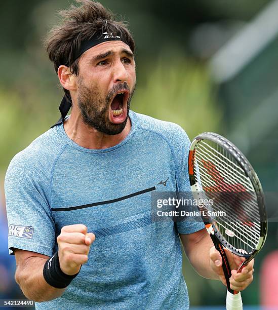 Marcos Baghdatis of Cyprus celebrates a point during his men's singles match against Sam Querrey of USA during day three of the ATP Aegon Open...