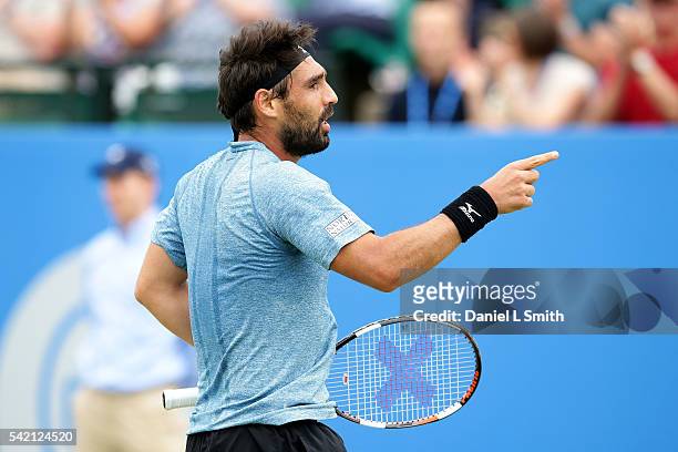 Marcos Baghdatis of Cyprus celebrates after winnig his men's singles match against Sam Querrey of USA to progress to the quarter-finals during day...