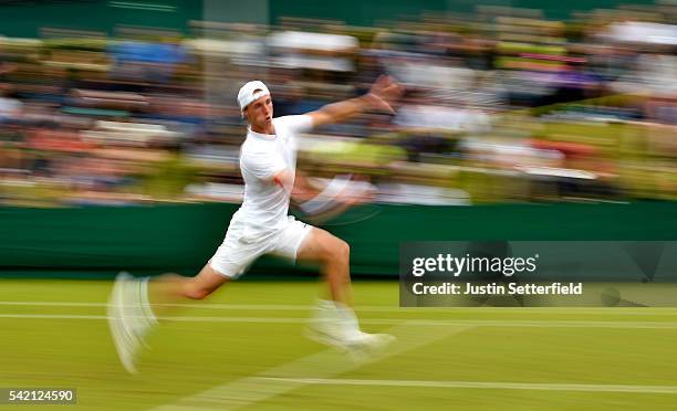 Joe Salisbury of Great Britain in action against Austin Krajicek of USA during the 2016 Wimbledon Qualifying Session on June 22, 2016 in London,...