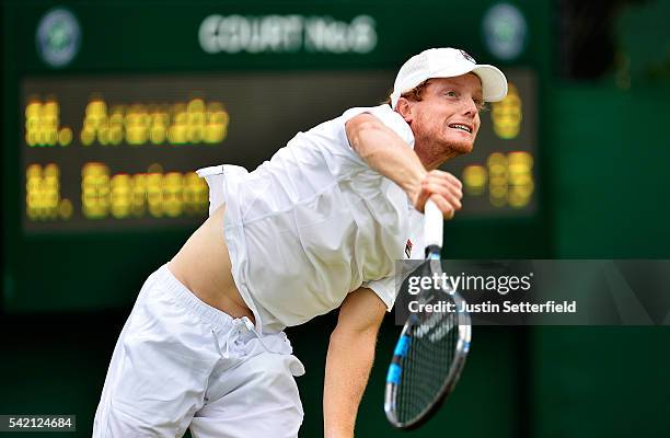 Matthew Barton of Australia in action against Marcelo Arevalo of Spain during the 2016 Wimbledon Qualifying Session on June 22, 2016 in London,...