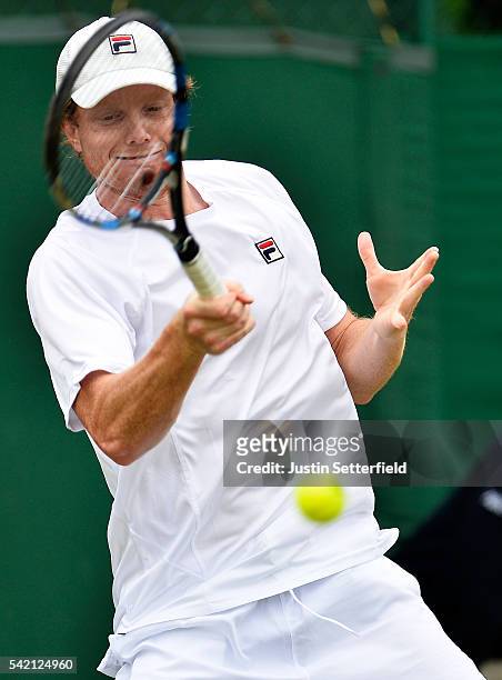 Matthew Barton of Australia in action against Marcelo Arevalo of Spain during the 2016 Wimbledon Qualifying Session on June 22, 2016 in London,...