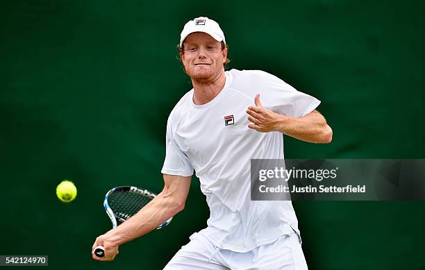 Matthew Barton of Australia in action against Marcelo Arevalo of Spain during the 2016 Wimbledon Qualifying Session on June 22, 2016 in London,...