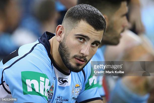 Jack Bird of the Blues watches on from the bench during game two of the State Of Origin series between the Queensland Maroons and the New South Wales...