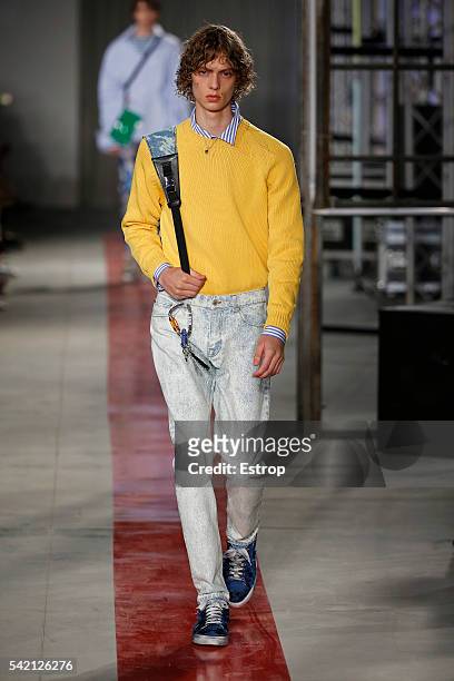 Model walks the runway at the MSGM show designed by Massimo Giorgetti during Milan Men's Fashion Week SS17 on June 20, 2016 in Milan, Italy.