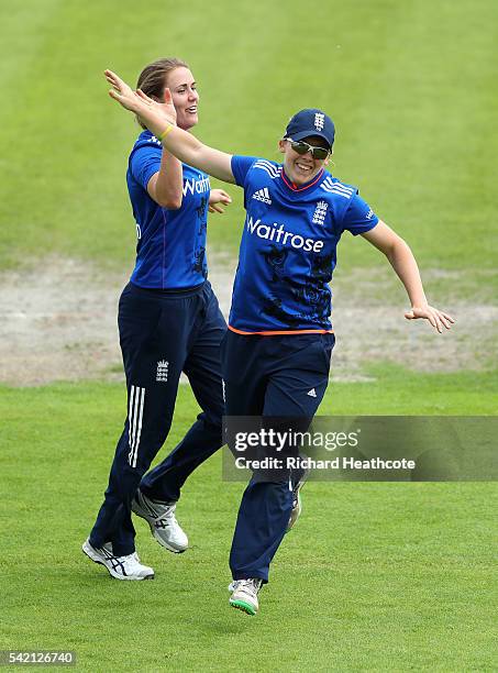 Natalie Sciver of England celebrates taking the wicket of Javeria Khan of Pakistan during the second Women's Royal London ODI match between England...